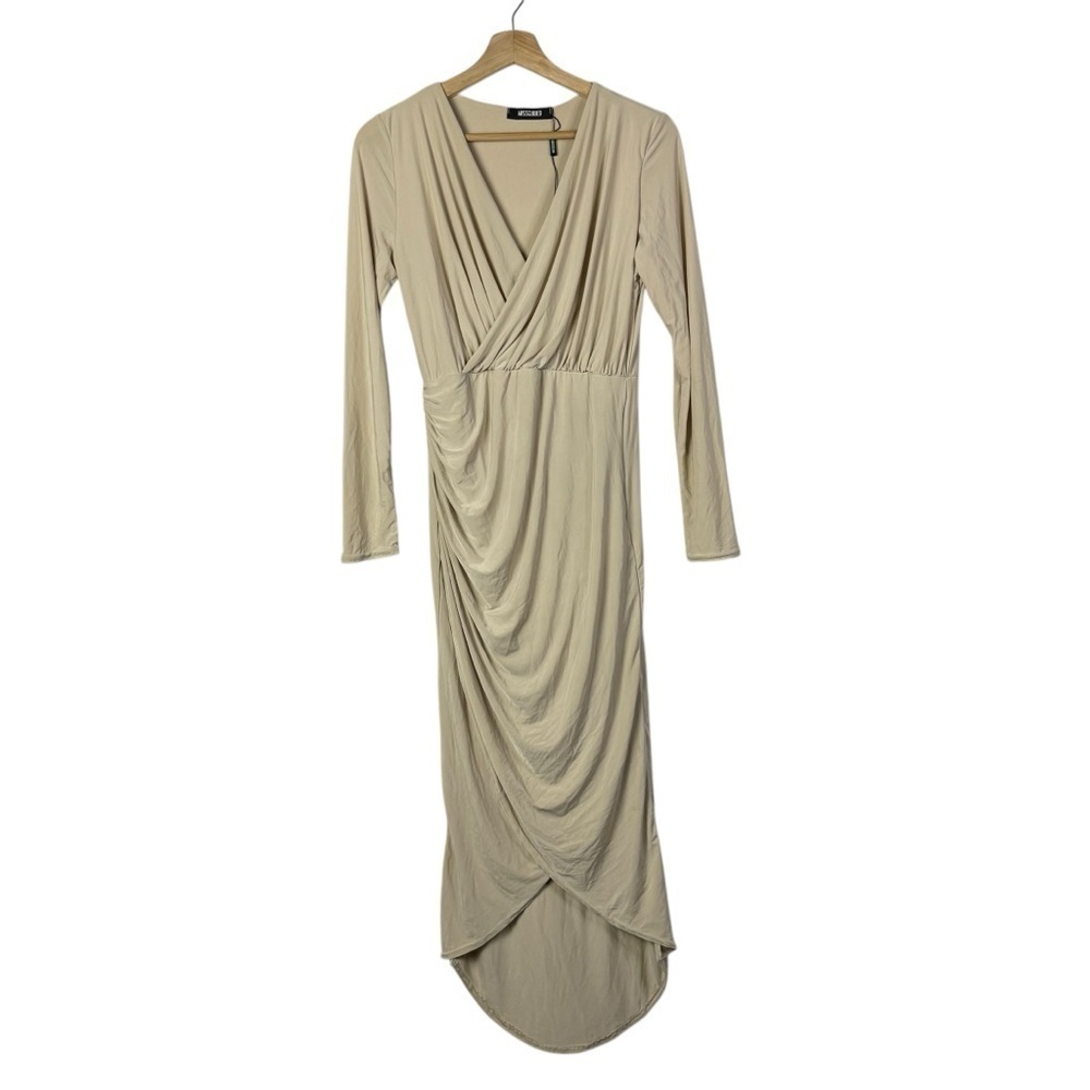 Missguided Nude Beige Slinky Drape Long Sleeve Goddess Midi Dress 14